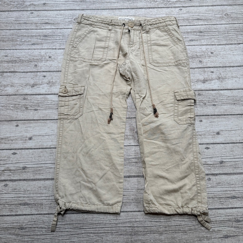 Y2K Aeropostale Cargo Pants Women's 9/10 Khaki Linen Blend Stretch Capri Utility